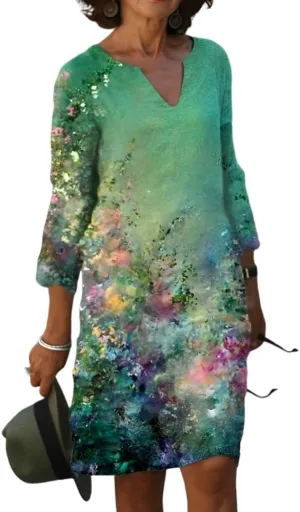Akivide Women's Summer Boho Linen Floral Print Midi Dress V Neck Short Sleeve Classic Beach Tshirt Dresses for Women