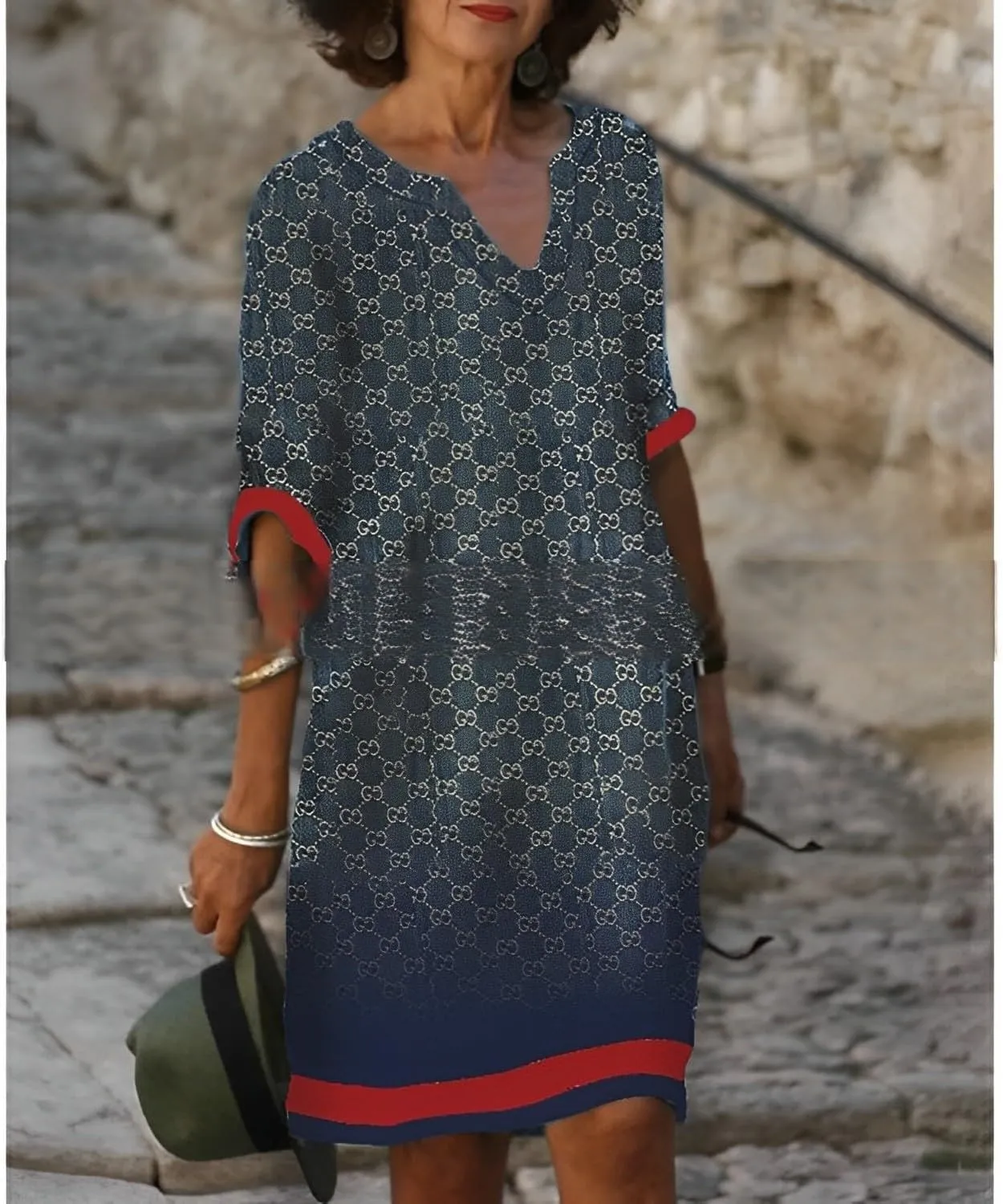 Akivide Women's Summer Boho Linen Floral Print Midi Dress V Neck Short Sleeve Classic Beach Tshirt Dresses for Women