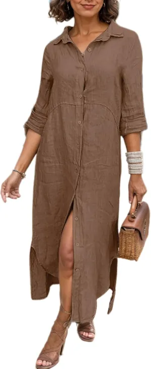 Akivide Women's Summer Cotton Linen Button Down V Neck Dress Casual Flowy Short Sleeve Ruffle Hem Vacation Midi Dress