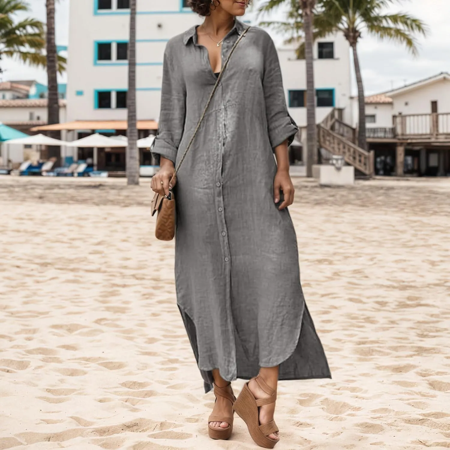 Akivide Women's Summer Cotton Linen Button Down V Neck Dress Casual Flowy Short Sleeve Ruffle Hem Vacation Midi Dress