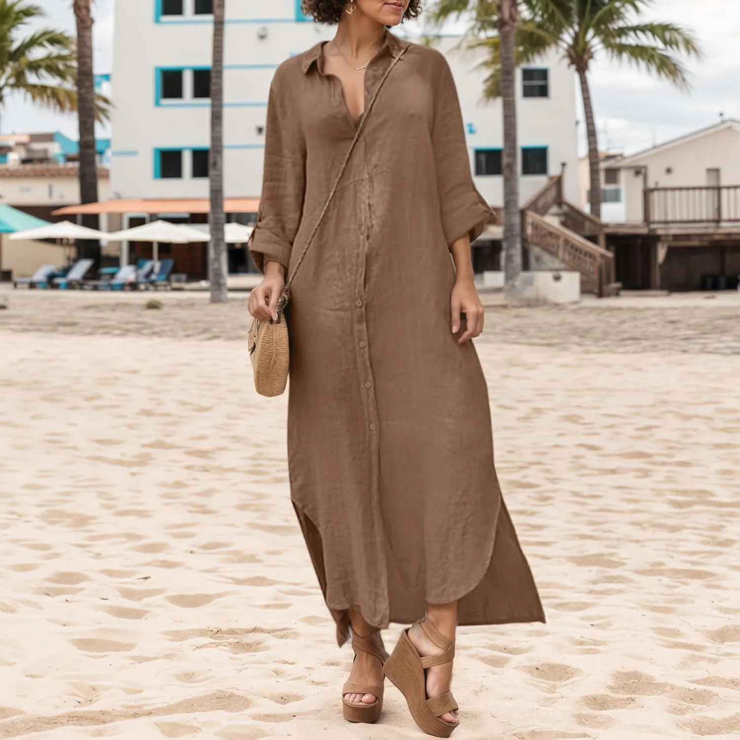 Akivide Women's Summer Cotton Linen Button Down V Neck Dress Casual Flowy Short Sleeve Ruffle Hem Vacation Midi Dress