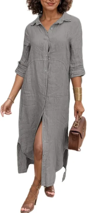 Akivide Women's Summer Cotton Linen Button Down V Neck Dress Casual Flowy Short Sleeve Ruffle Hem Vacation Midi Dress