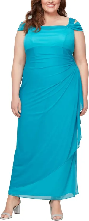 Alex Evenings Women's Plus Size Long Cold Shoulder Dress with Ruched Skirt, Wedding Guest, Prom, Formal Event
