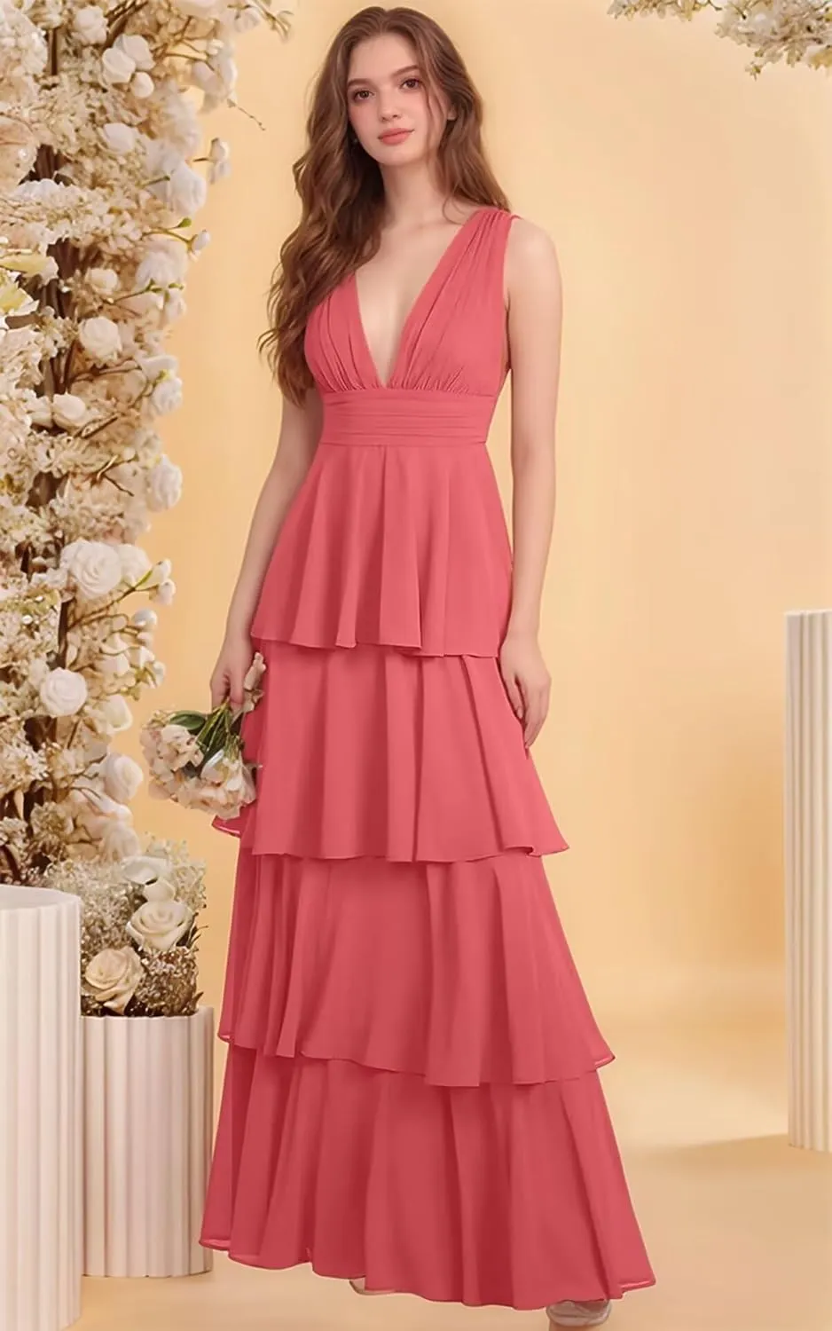 ALFEICE Ruffle Bridesmaid Dresses Tiered Prom Dress for Women 2025 Long Chiffon V Neck Formal Wedding Guest Dresses