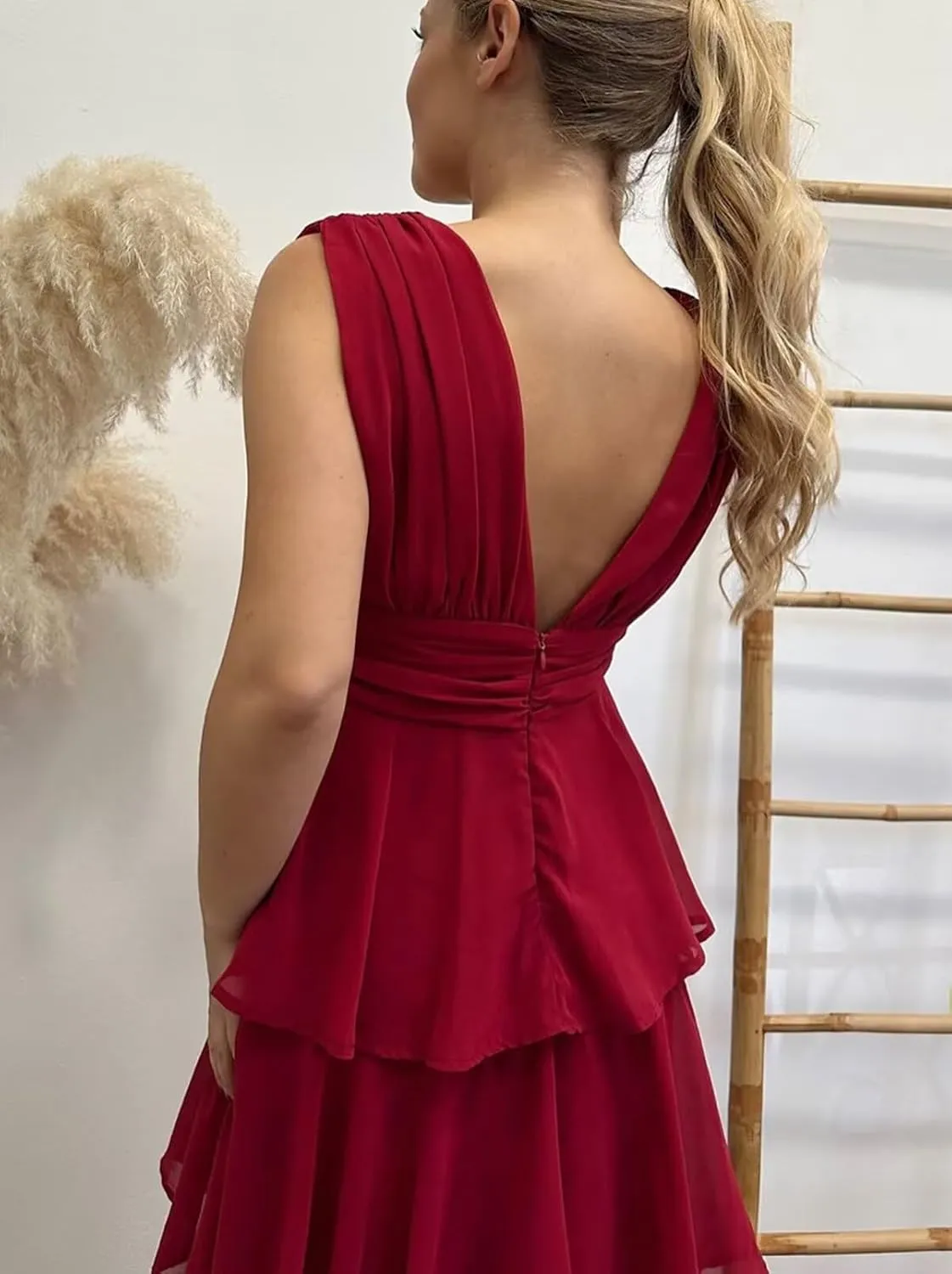ALFEICE Ruffle Bridesmaid Dresses Tiered Prom Dress for Women 2025 Long Chiffon V Neck Formal Wedding Guest Dresses