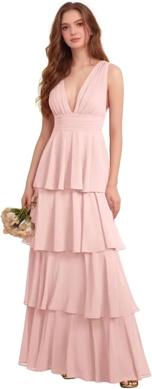ALFEICE Ruffle Bridesmaid Dresses Tiered Prom Dress for Women 2025 Long Chiffon V Neck Formal Wedding Guest Dresses