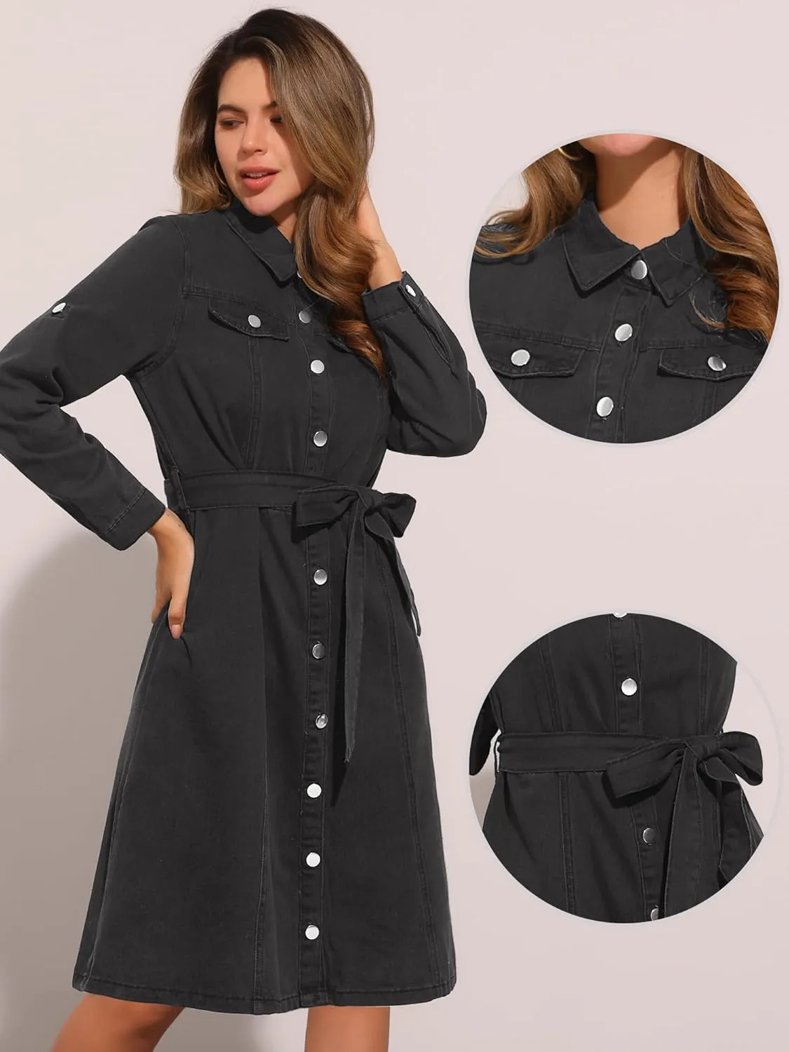 Allegra K Denim Dress for Women's Long Sleeve Button Down A-Line Belted Classic Jean Dresses