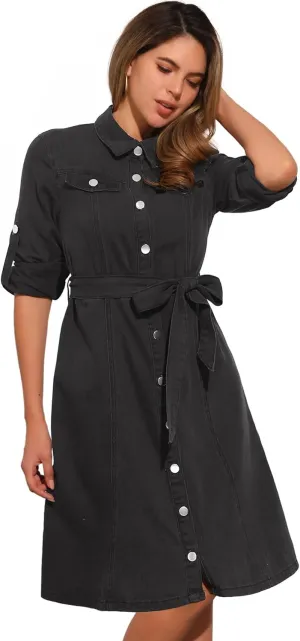 Allegra K Denim Dress for Women's Long Sleeve Button Down A-Line Belted Classic Jean Dresses