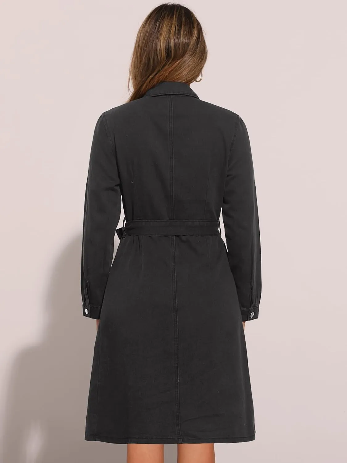 Allegra K Denim Dress for Women's Long Sleeve Button Down A-Line Belted Classic Jean Dresses