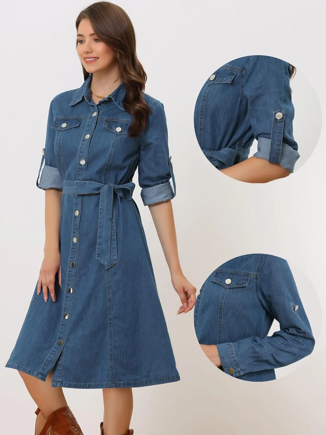 Allegra K Denim Dress for Women's Long Sleeve Button Down A-Line Belted Classic Jean Dresses