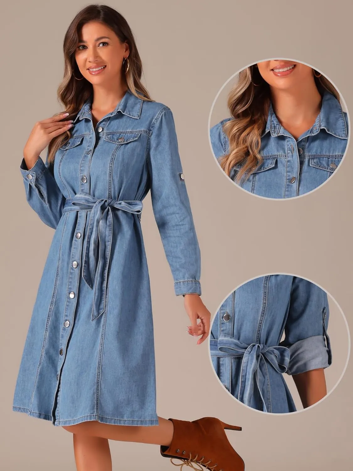Allegra K Denim Dress for Women's Long Sleeve Button Down A-Line Belted Classic Jean Dresses