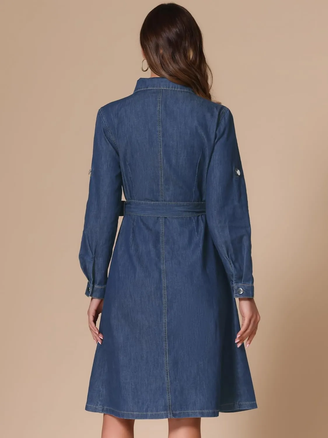Allegra K Denim Dress for Women's Long Sleeve Button Down A-Line Belted Classic Jean Dresses