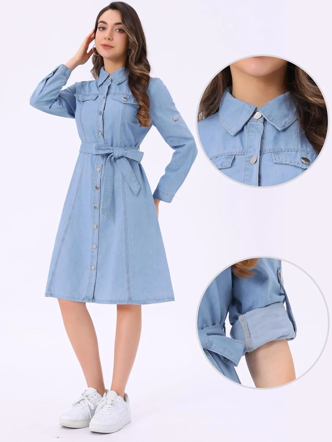 Allegra K Denim Dress for Women's Long Sleeve Button Down A-Line Belted Classic Jean Dresses