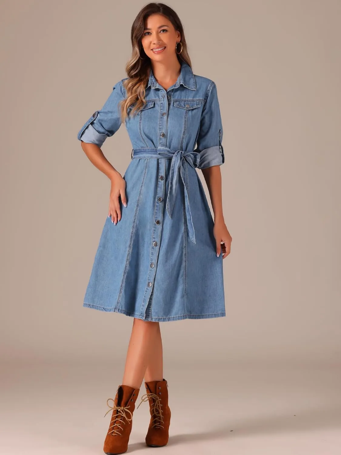 Allegra K Denim Dress for Women's Long Sleeve Button Down A-Line Belted Classic Jean Dresses