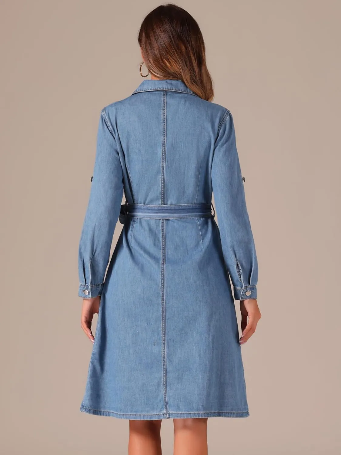 Allegra K Denim Dress for Women's Long Sleeve Button Down A-Line Belted Classic Jean Dresses