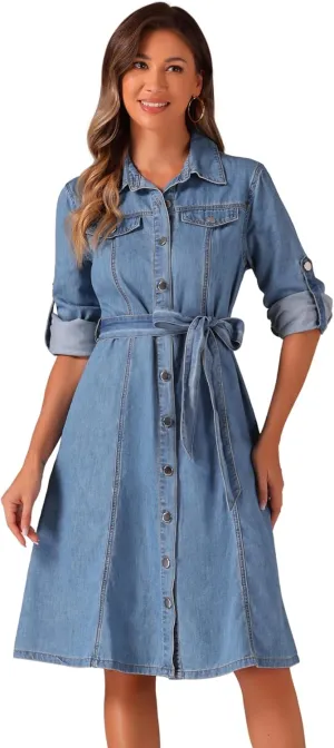 Allegra K Denim Dress for Women's Long Sleeve Button Down A-Line Belted Classic Jean Dresses