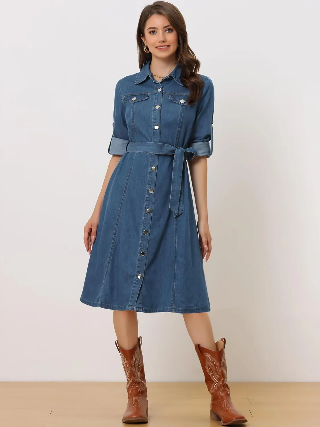 Allegra K Denim Dress for Women's Long Sleeve Button Down A-Line Belted Classic Jean Dresses