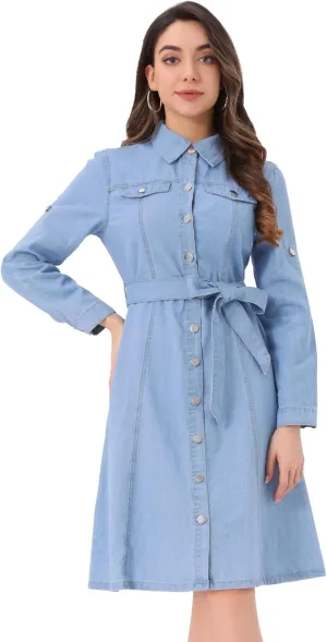 Allegra K Denim Dress for Women's Long Sleeve Button Down A-Line Belted Classic Jean Dresses