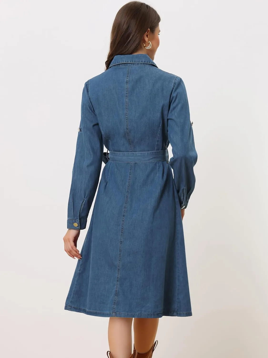 Allegra K Denim Dress for Women's Long Sleeve Button Down A-Line Belted Classic Jean Dresses