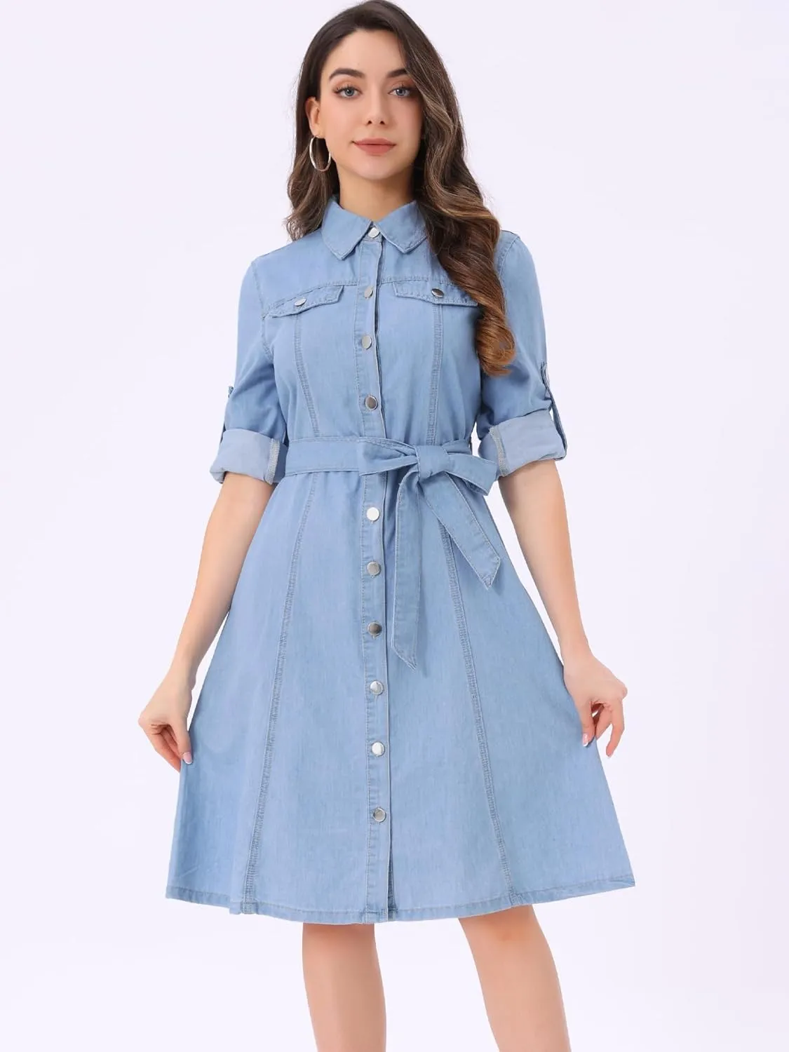 Allegra K Denim Dress for Women's Long Sleeve Button Down A-Line Belted Classic Jean Dresses