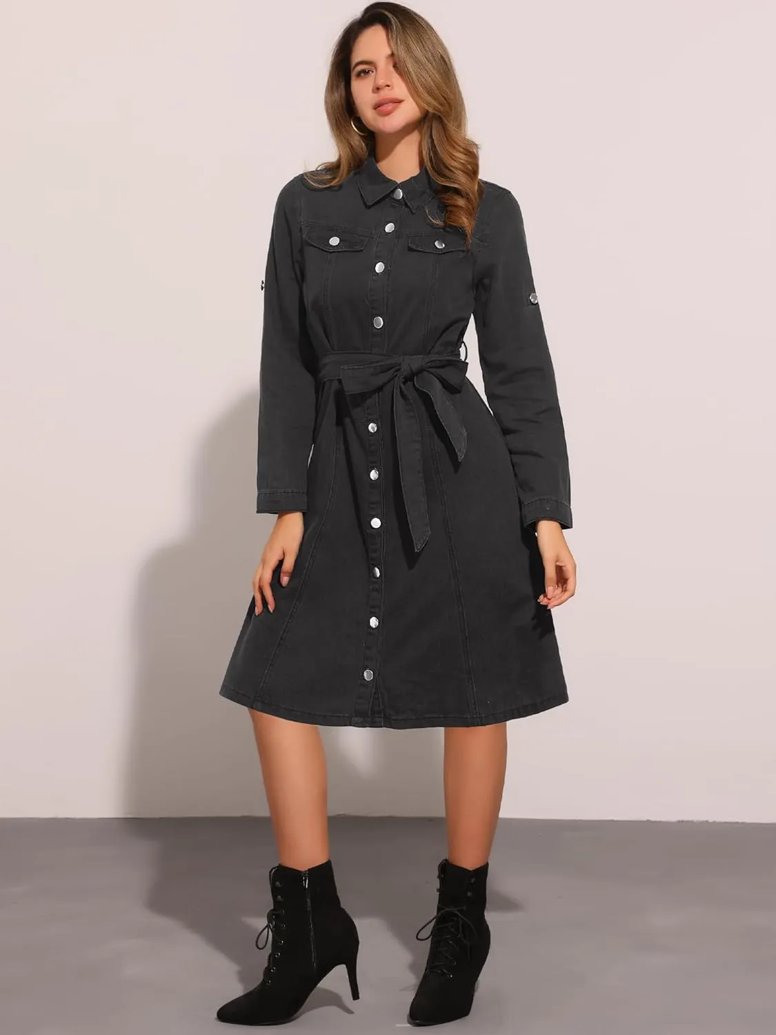 Allegra K Denim Dress for Women's Long Sleeve Button Down A-Line Belted Classic Jean Dresses
