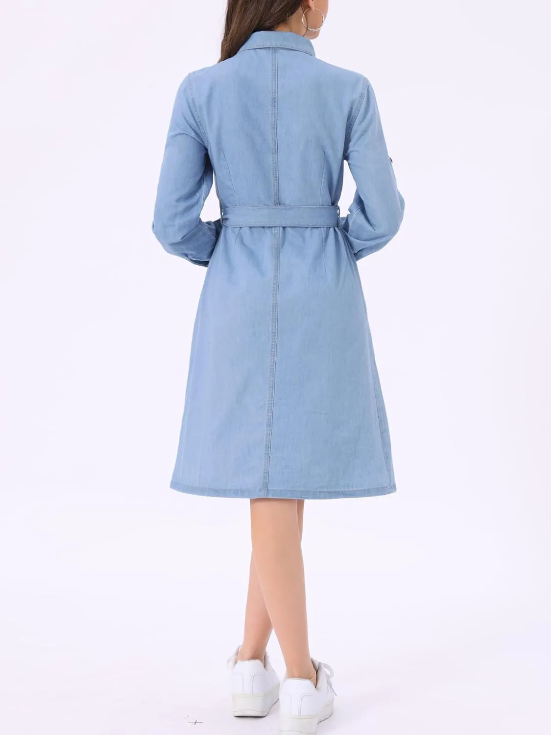 Allegra K Denim Dress for Women's Long Sleeve Button Down A-Line Belted Classic Jean Dresses
