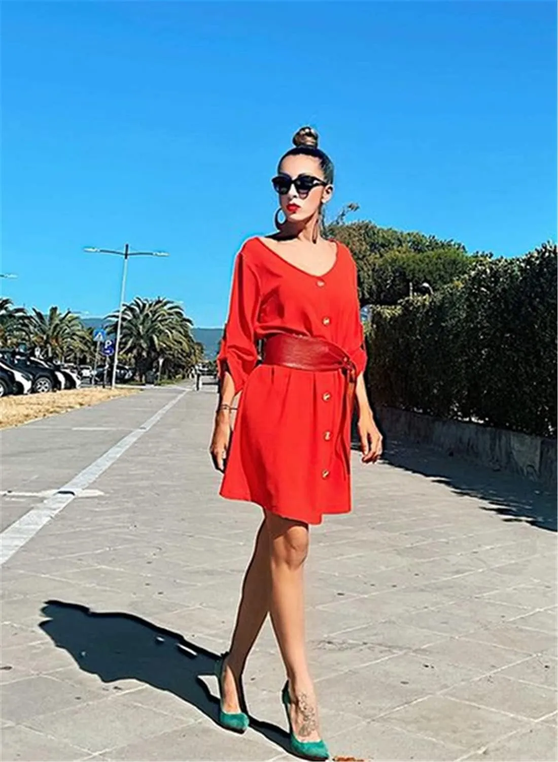 AlvaQ Women Summer Dresses 2024 Strappy Button V Neck Sleeveless Beach Sundress Casual Swing A Line Short Mini Dress