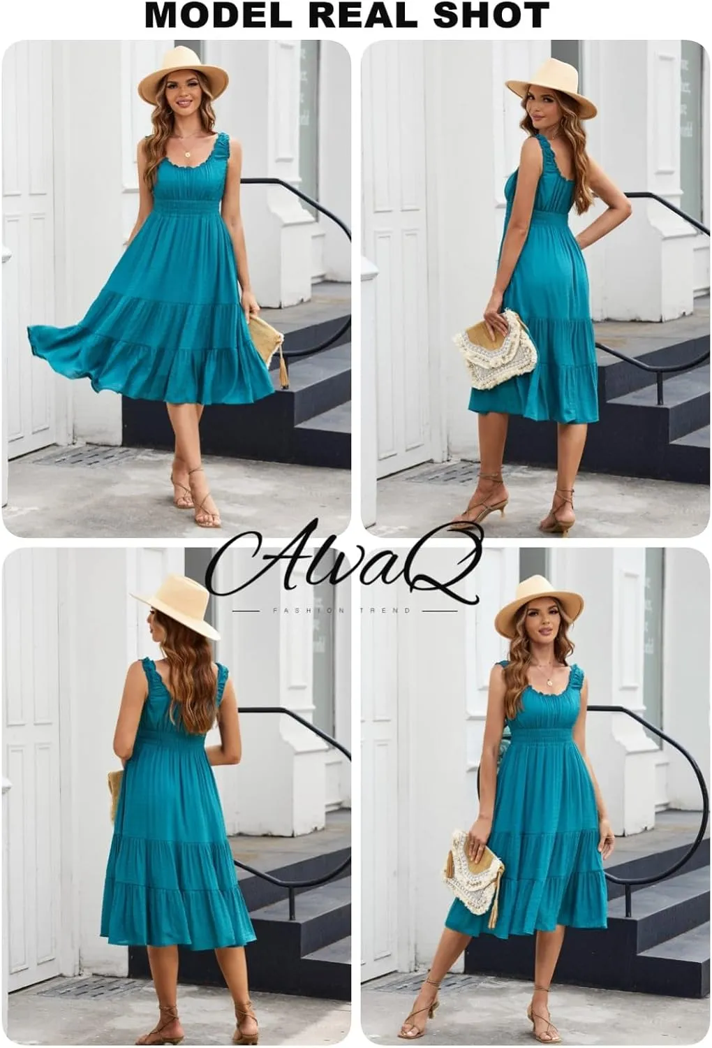 AlvaQ Women Summer Dresses Sleeveless Smocked Midi Dress High Waist Casual Tiered A Line Sundress with Pockets