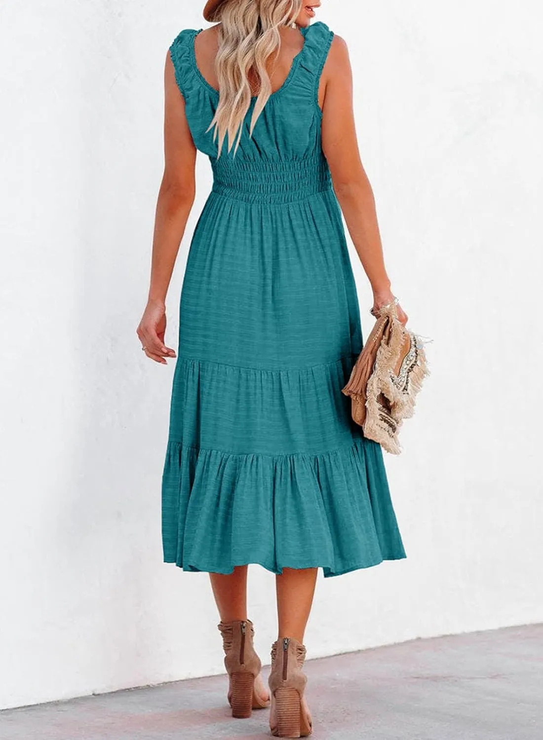 AlvaQ Women Summer Dresses Sleeveless Smocked Midi Dress High Waist Casual Tiered A Line Sundress with Pockets