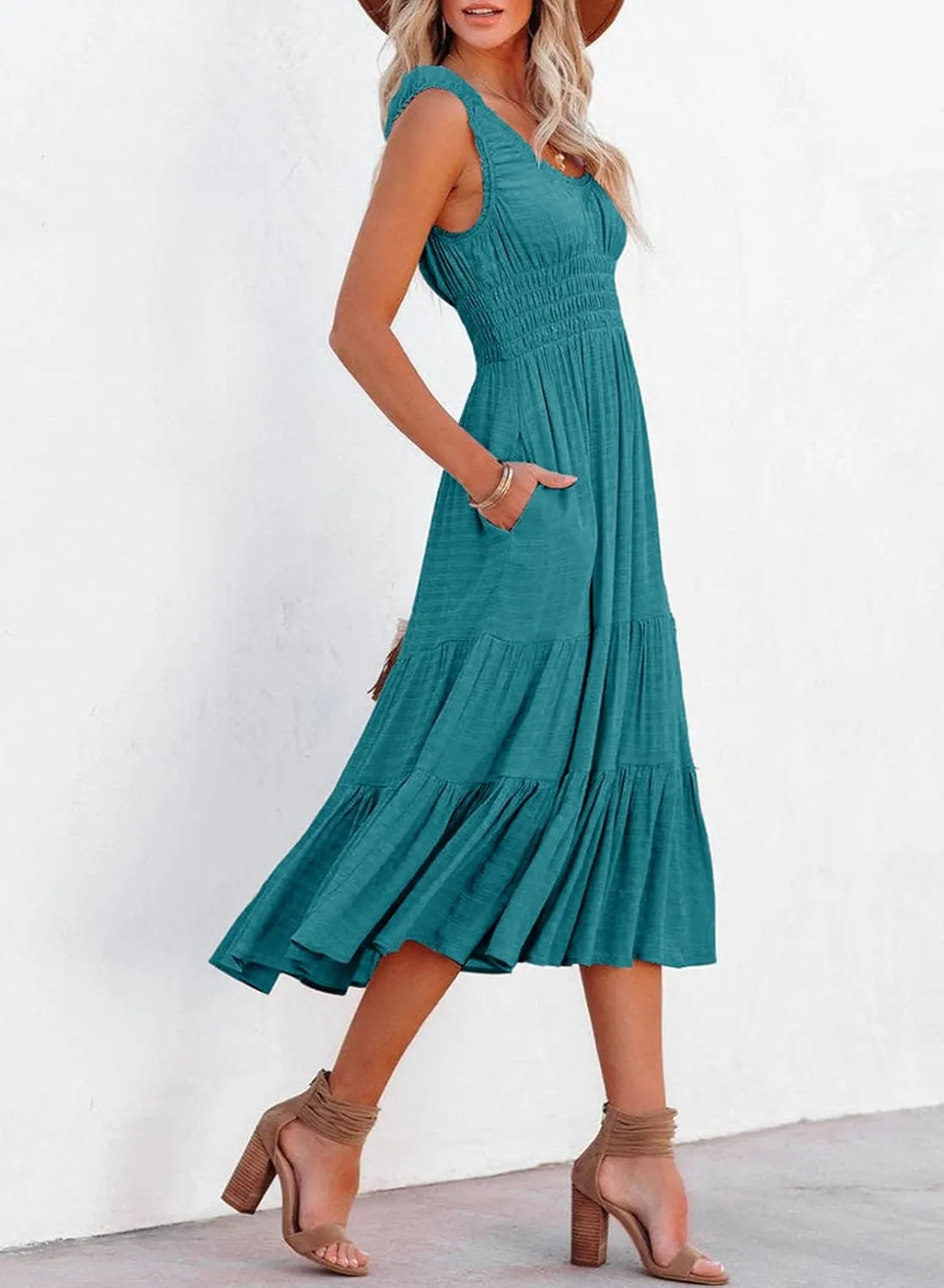 AlvaQ Women Summer Dresses Sleeveless Smocked Midi Dress High Waist Casual Tiered A Line Sundress with Pockets