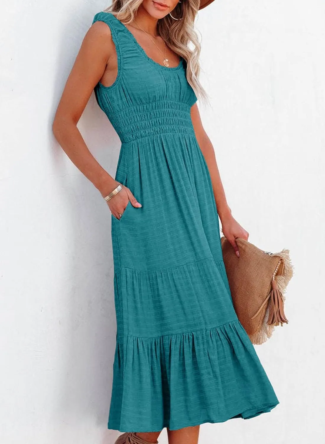 AlvaQ Women Summer Dresses Sleeveless Smocked Midi Dress High Waist Casual Tiered A Line Sundress with Pockets