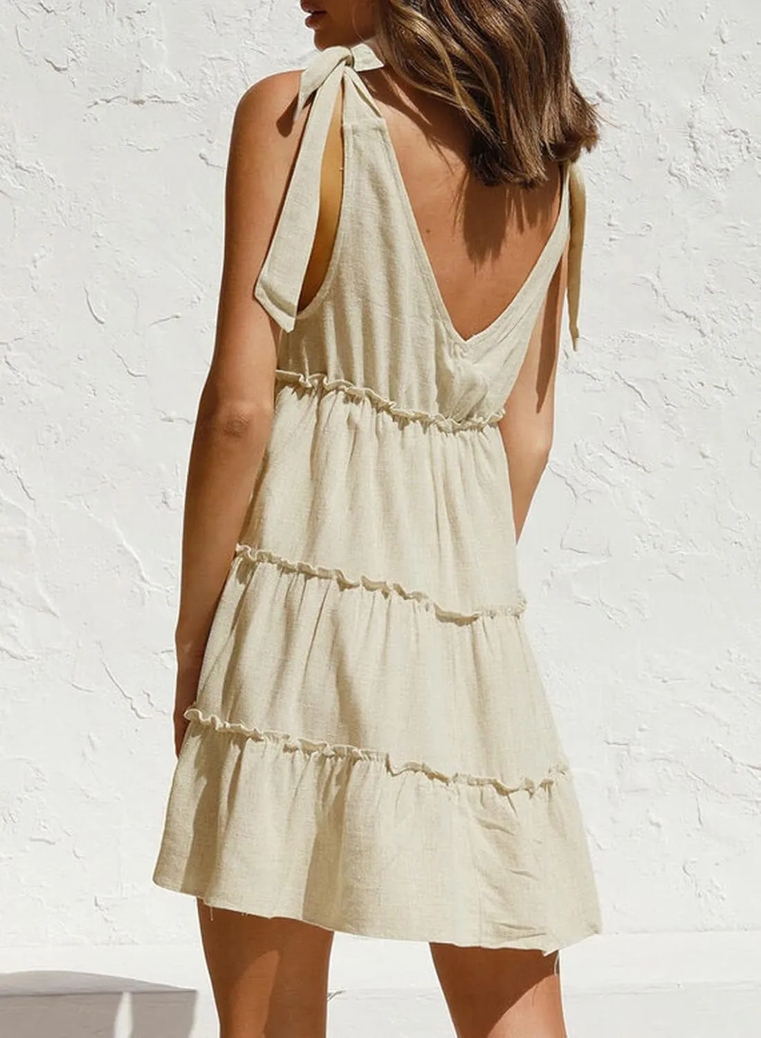 Anloli Summer Dress for Women V Neck Tie Strap Ruffle Sleeveless Mini Linen Dress