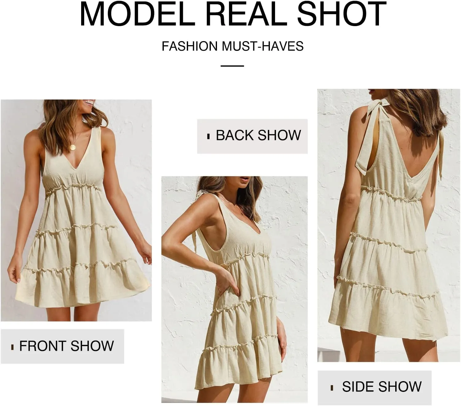 Anloli Summer Dress for Women V Neck Tie Strap Ruffle Sleeveless Mini Linen Dress