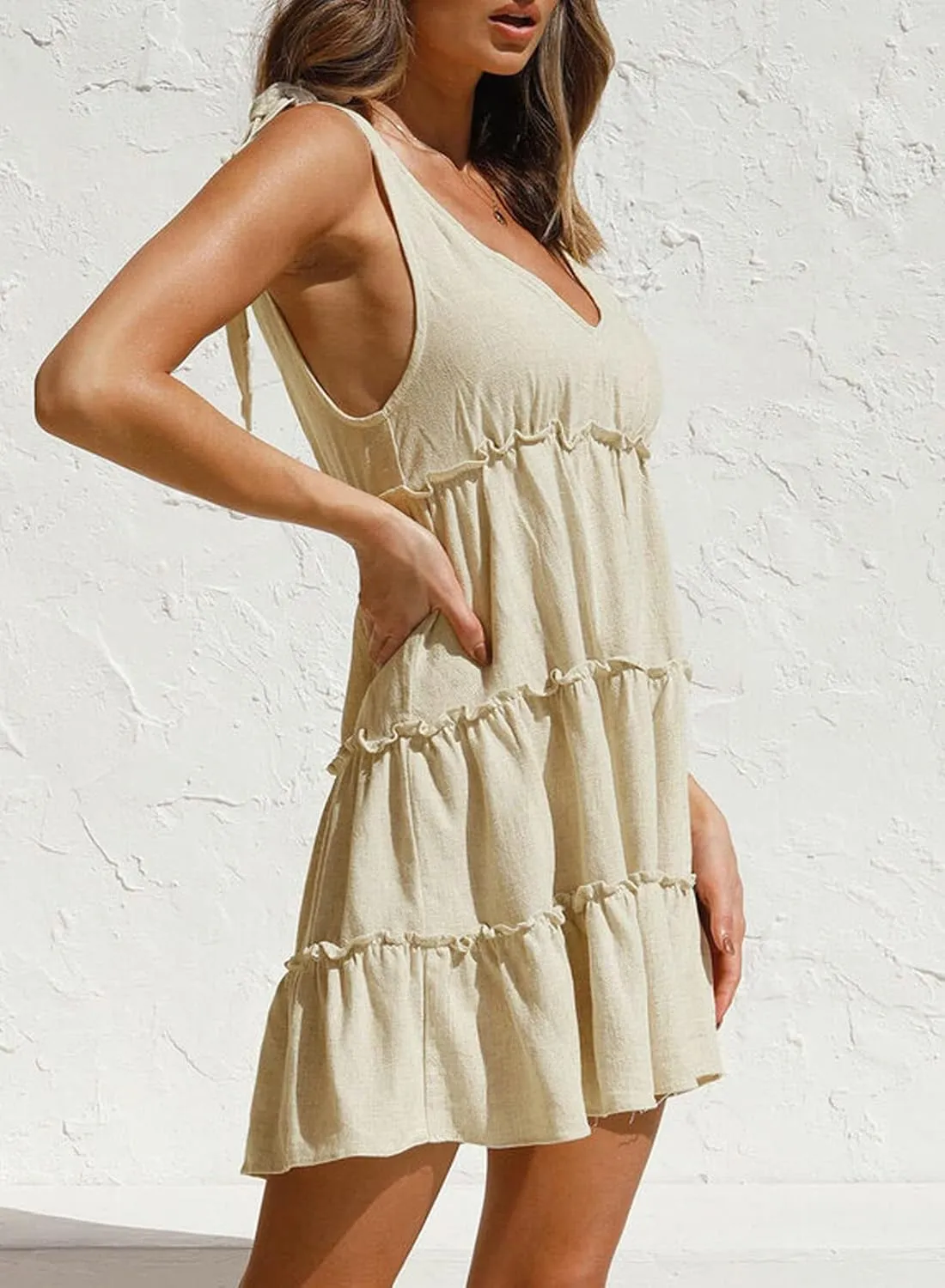 Anloli Summer Dress for Women V Neck Tie Strap Ruffle Sleeveless Mini Linen Dress