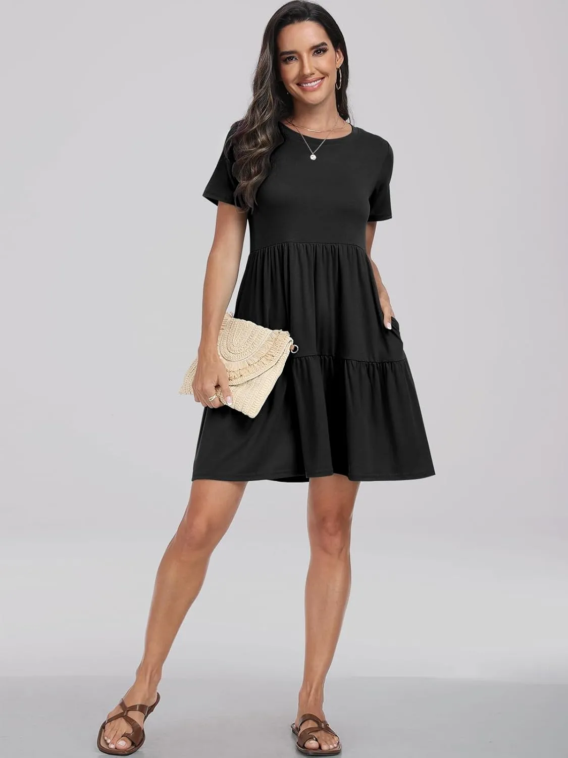 ANRABESS Women Summer Casual Dress Short Sleeve Crewneck Swing Mini Tshirt Dresses 2025 Vacation Beach Short Sundress