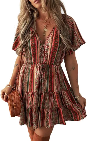 Apvirdy Women's Bohemian Floral Print Mini Dress Short Sleeve Buttoned V Neck Ruffle Tiered Dress for Beach Vacation