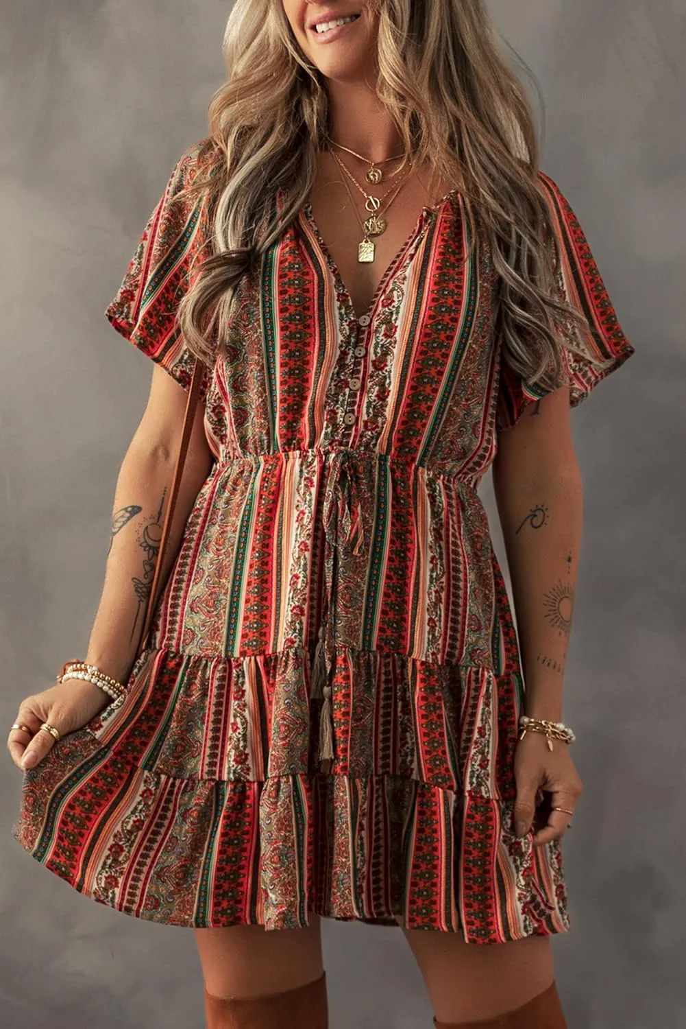 Apvirdy Women's Bohemian Floral Print Mini Dress Short Sleeve Buttoned V Neck Ruffle Tiered Dress for Beach Vacation