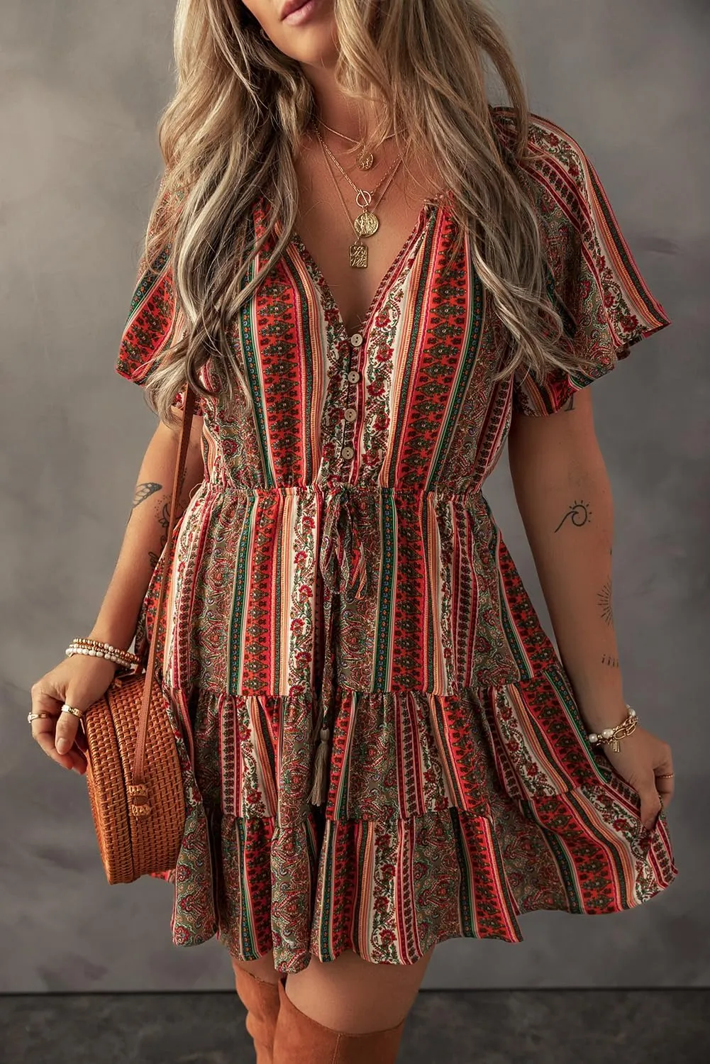 Apvirdy Women's Bohemian Floral Print Mini Dress Short Sleeve Buttoned V Neck Ruffle Tiered Dress for Beach Vacation