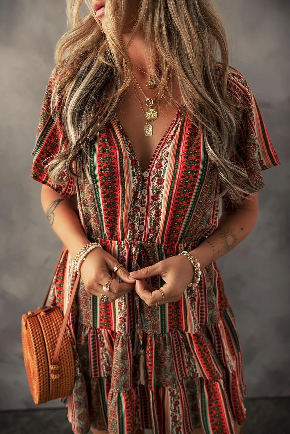 Apvirdy Women's Bohemian Floral Print Mini Dress Short Sleeve Buttoned V Neck Ruffle Tiered Dress for Beach Vacation