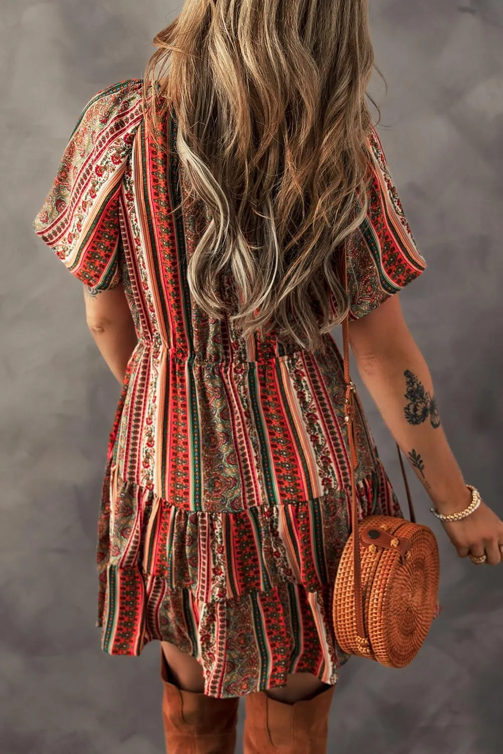 Apvirdy Women's Bohemian Floral Print Mini Dress Short Sleeve Buttoned V Neck Ruffle Tiered Dress for Beach Vacation