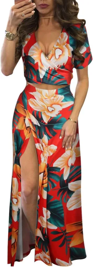 Aro Lora Women's Sexy V Neck Floral Printed Side Slit Two-Piece Maxi Dress