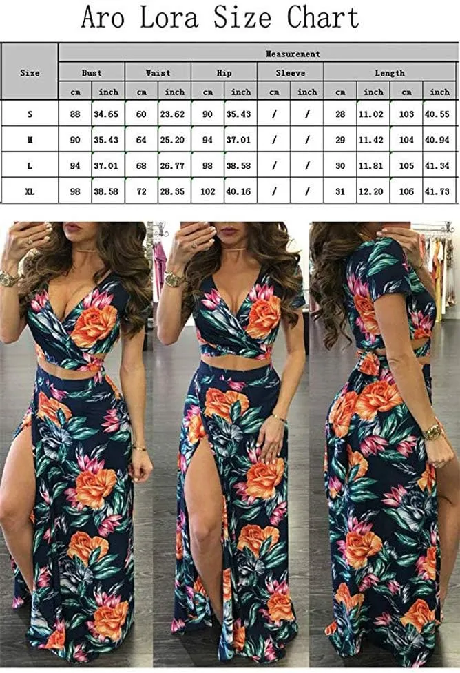 Aro Lora Women's Sexy V Neck Floral Printed Side Slit Two-Piece Maxi Dress