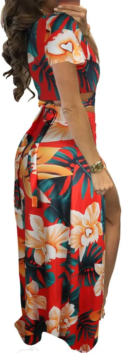 Aro Lora Women's Sexy V Neck Floral Printed Side Slit Two-Piece Maxi Dress