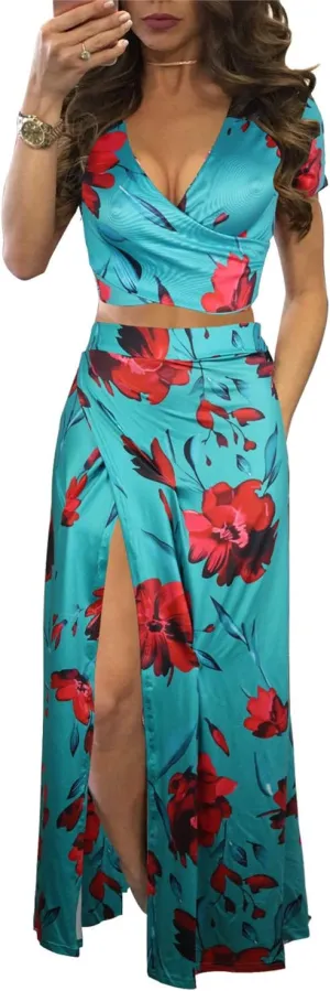 Aro Lora Women's Sexy V Neck Floral Printed Side Slit Two-Piece Maxi Dress