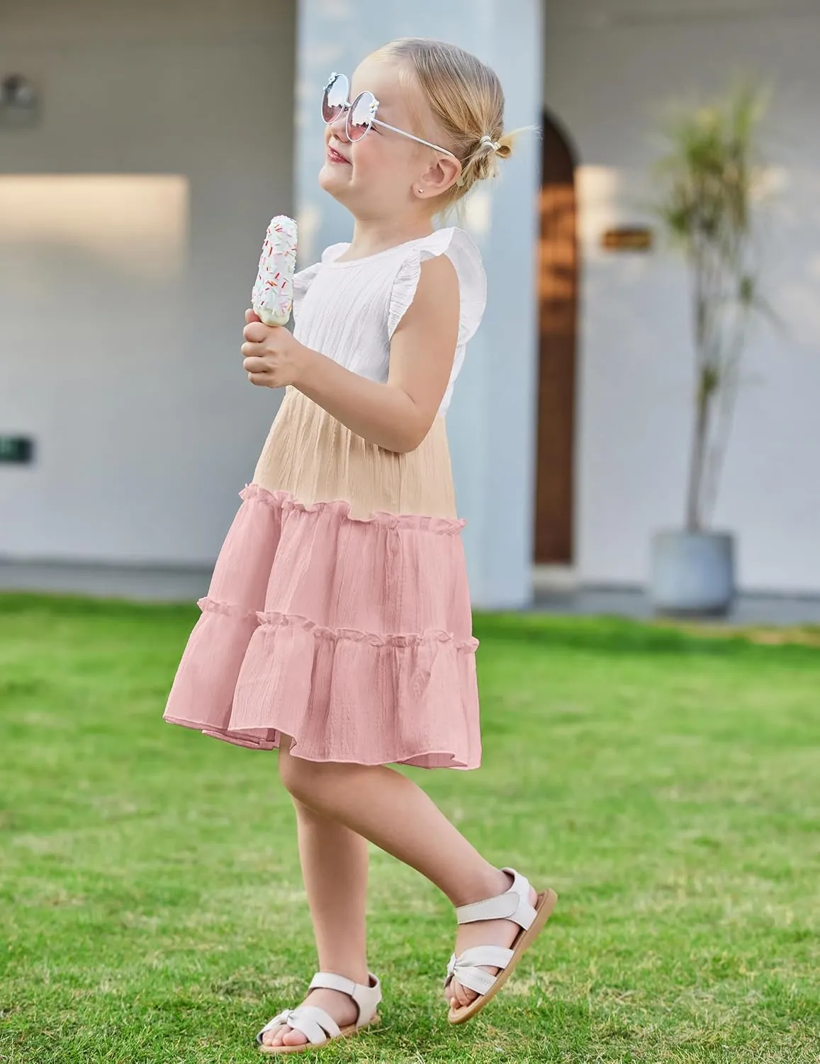 Arshiner Toddler Girls Dress Ruffle Sleeveless Tiered Swing Twirly Dresses Cute Summer Beach Sundress with Pocket for 1-6T