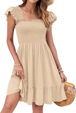 AUSELILY Women's Summer Dresses 2025 Casual Sleeveless Square Neck Smocked Ruffle Backless Short Flowy Beach Sundress
