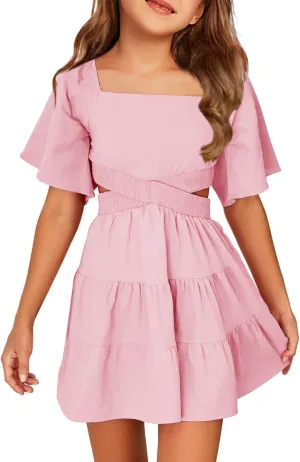 Batermoon Girls Summer Dress Square Neck Short Sleeve Crossover Waist Casual A-line Mini Dress