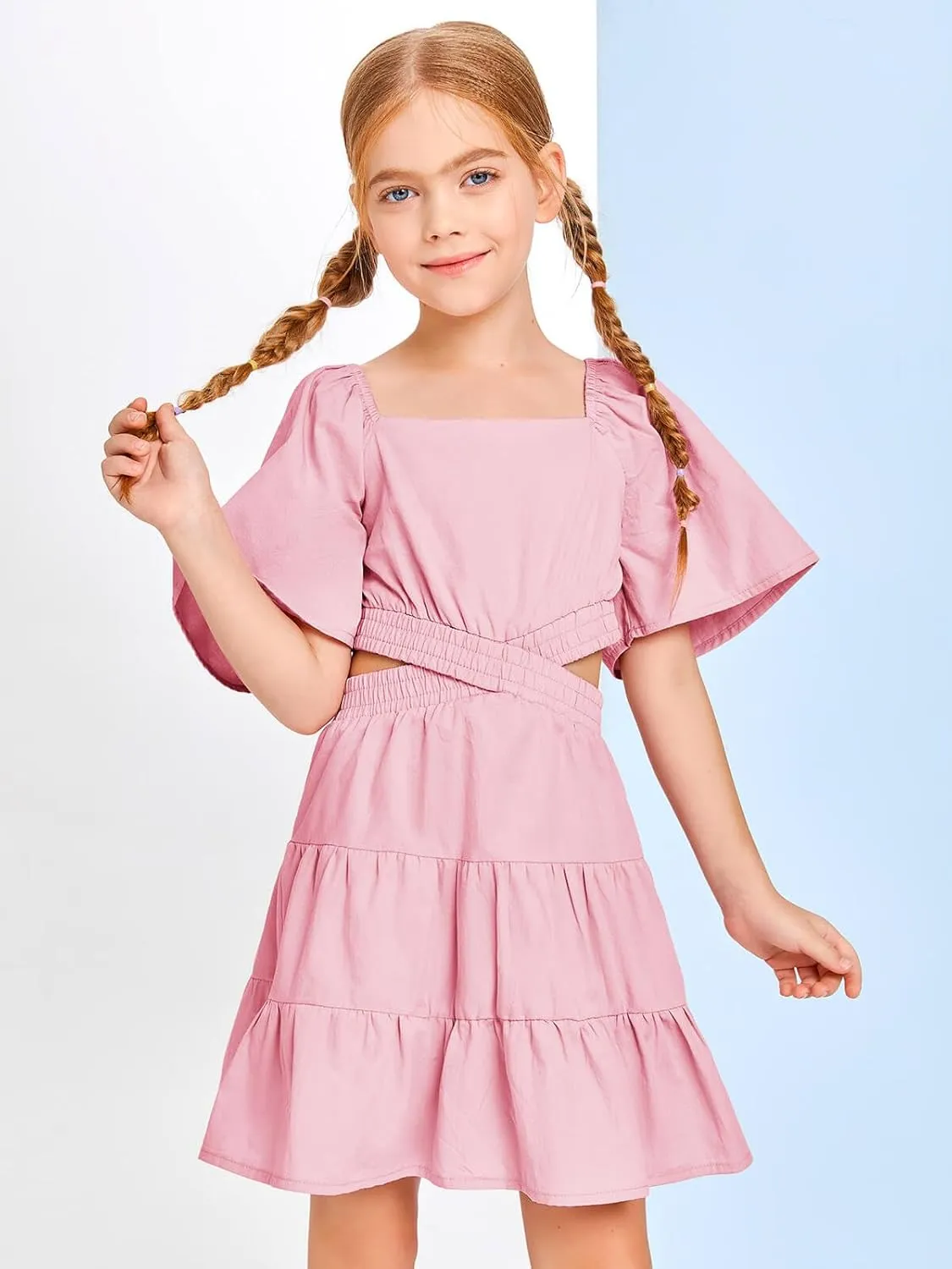 Batermoon Girls Summer Dress Square Neck Short Sleeve Crossover Waist Casual A-line Mini Dress