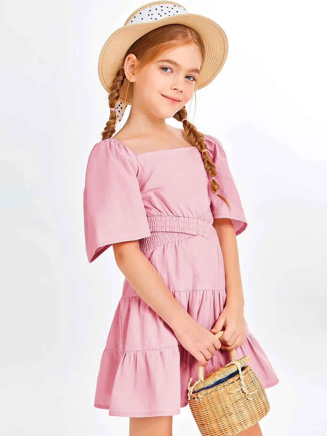Batermoon Girls Summer Dress Square Neck Short Sleeve Crossover Waist Casual A-line Mini Dress