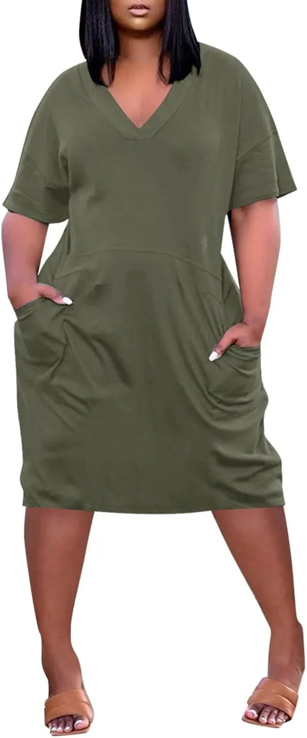 BAXLIMEK Plus Size Dresses for Curvy Women,2025 Spring Summer Casual Loose V Neck Short Sleeve T Shirt Midi Dress with Pocket